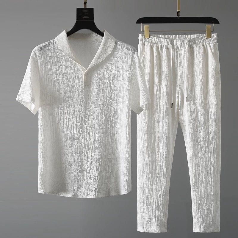 Men's Crinkled Co-Ord Set White